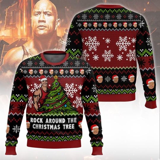 Discover The Rock Ugly Christmas Sweater, Dwayne Johnson Rock Around The Christmas Tree Sweater, The Rock Shirt, The Rock Meme Santa Hat Gift