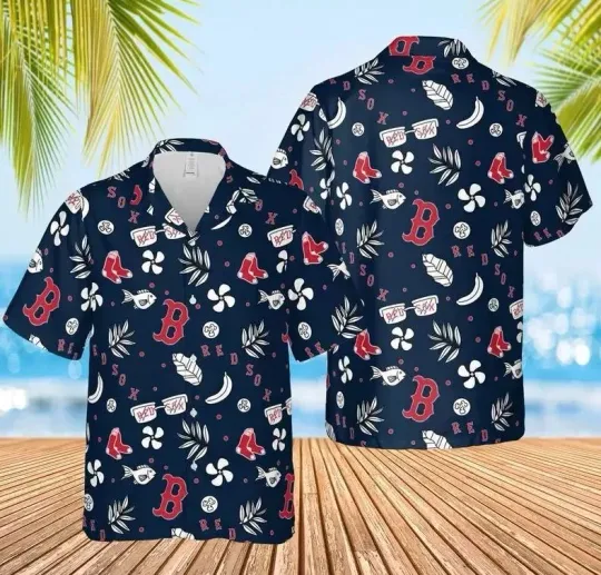 Boston Red Sox Hawaiian Shirt with Baseball Bats and Tropical Flowers