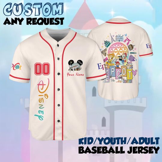 Personalize Disney Epcot World Baseball Jersey Collection Choose Style, Mickey And Friends Disney Girl Trip Gift For Kid Youth Adult