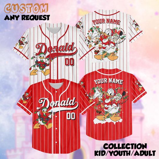Personalized Donald Duck Christmas Baseball Jersey, Custom Disney Holiday Shirt, Cute Donald Santa Xmas Outfit