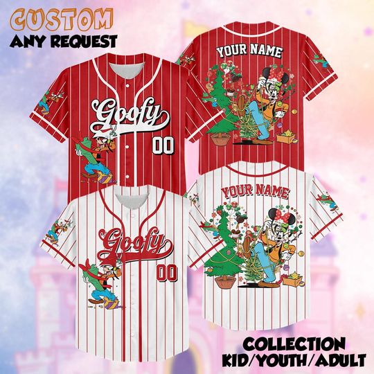 Discover Goofy Christmas Baseball Jersey, Custom Disney Christmas Shirt, Personalized Goofy Holiday Tee, Matching Family Xmas Outfit