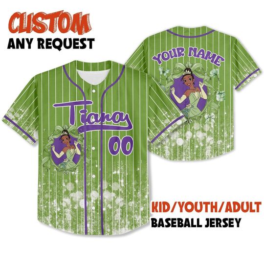 Discover Custom Printed Glitter Conquette Tiana Baseball Jersey, Personalized Name&Number, Disneyland Family Shirt, Birthday Gift, Gift for her