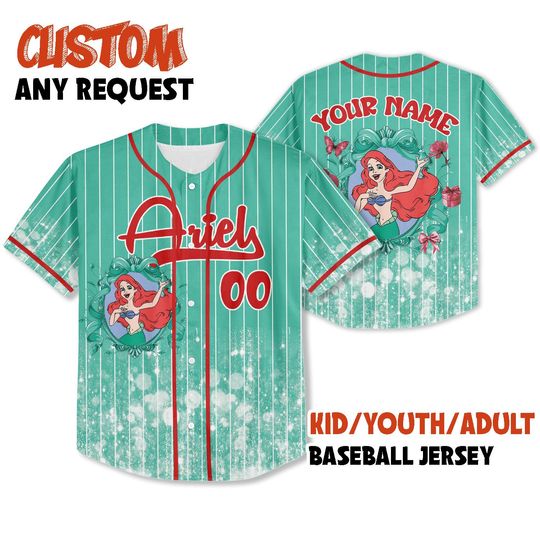 Discover Custom Printed Glitter Conquette Ariel Baseball Jersey, Personalized Name&Number, Disneyland Family Shirt, Birthday Gift, Gift for her