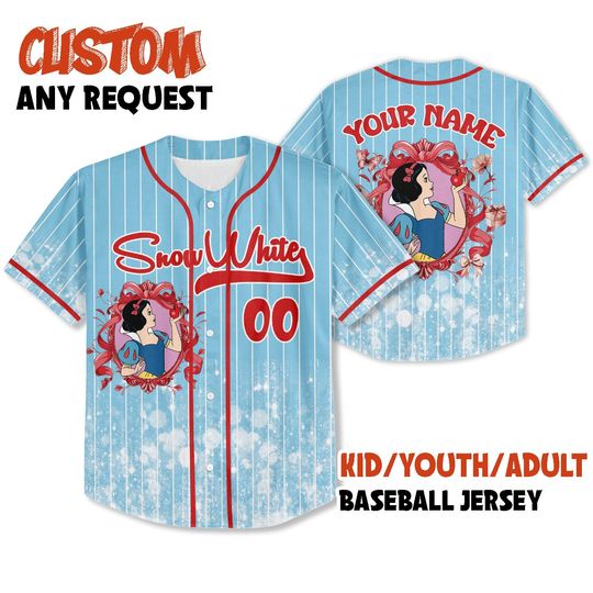Discover Custom Printed Glitter Conquette Snow White Baseball Jersey, Personalized Name&Number, Disneyland Family Shirt, Birthday Gift, Gift for her