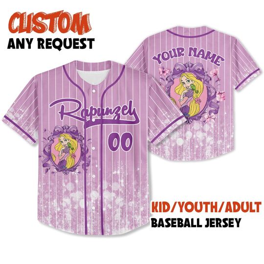 Discover Custom Printed Glitter Conquette Rapunzel Baseball Jersey, Personalized Name&Number, Disneyland Family Shirt, Birthday Gift, Gift for her