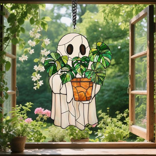 Discover Ghost Plant Suncatcher Ornament,Halloween Window Hanging Acrylic Decor,Cute Monstera Ghost Gift,Plant Lover Gift,Halloween Gift for Mom