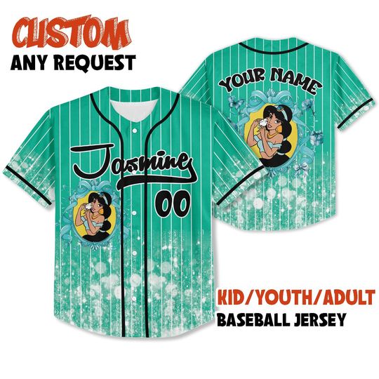 Discover Custom Printed Glitter Conquette Jasmine Baseball Jersey, Personalized Name&Number, Disneyland Family Shirt, Birthday Gift, Gift for her