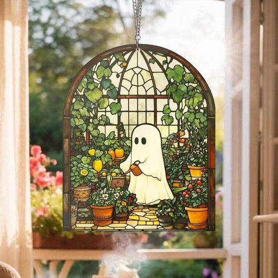Discover Cute Ghost Greenhouse Suncatcher Ornament,Halloween Ghost Acrylic Window Hangings,Gift For Mom,Halloween Home Decor,Plant Lovers Gift
