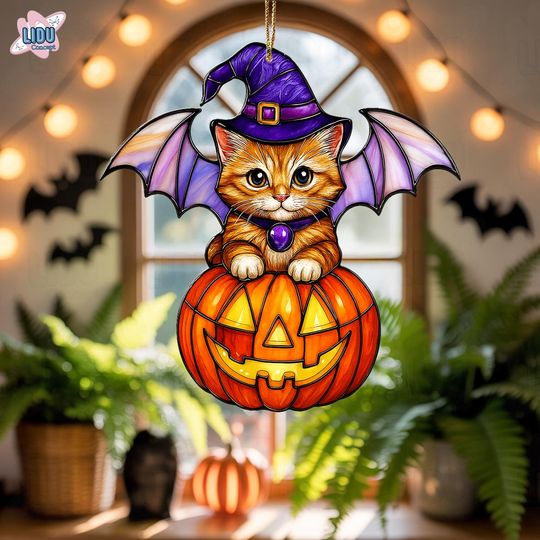 Cute Cat Pumpkin 2D Flat Acrylic Ornament, Halloween Decor, Halloween Ornament, Pumpkin Decor, Cat Lover, Gift For Cat Lover, Cat Mom Dad