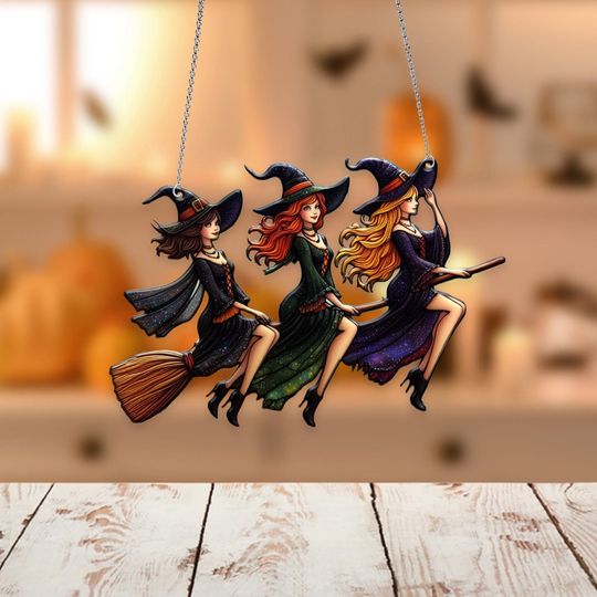 Discover Three Witches On Broomsticks Acrylic Window Hanging, Witches Halloween Window Hanigng, Halloween Home Decor