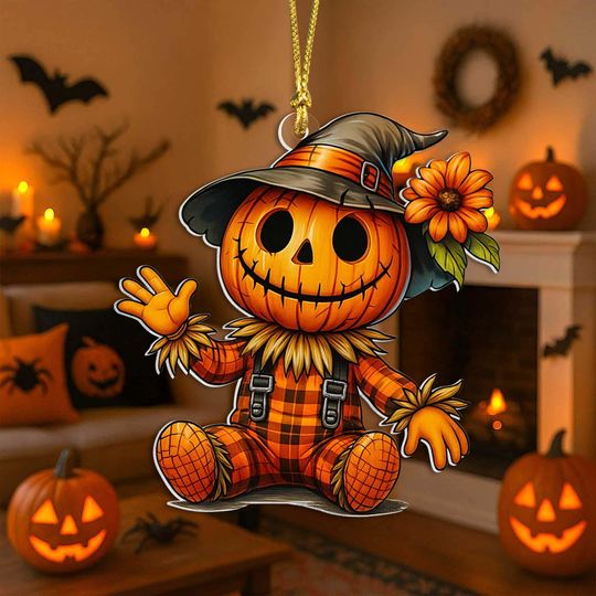 Fall Pumpkin Scarecrow Acrylic Ornament, Halloween Tree Decor, Autumn Home Decoration, Spooky But Sweet Jack O Lantern