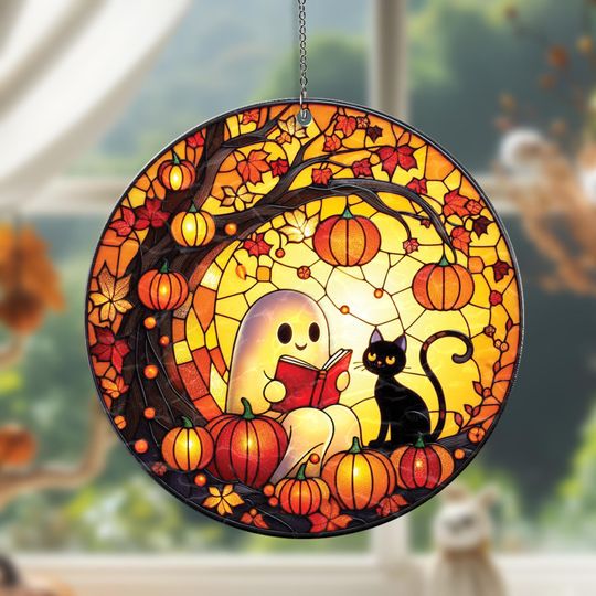 Discover Ghost Reading Book Suncatcher, Ghost Reading Acrylic Window Hanging Decor, Halloween Cute Reading Ghost Suncatcher, Book Lover Gift