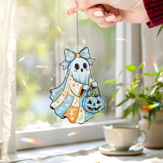 Discover Ghost With Pumpkin Basket Ornament  Custom Acrylic Halloween Decoration, Star Hologram Suncatcher, Cute Ghost Window Hanging