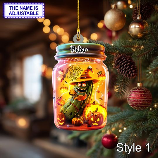 Funny Halloween Pickle Ornament in Jar with Zombie Cucumber  Creepy Cute Spooky Tree Decoration, Unique Undead Holiday Gift, Tree Hanging