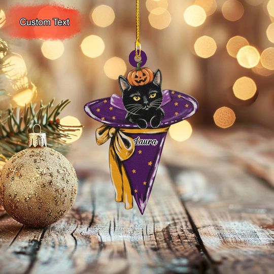 Personalized Black Cat Halloween Ornament, Custom Name Acrylic Tree Hanging, Witch Hat with Pumpkin Cute Spooky Holiday Decoration Gift