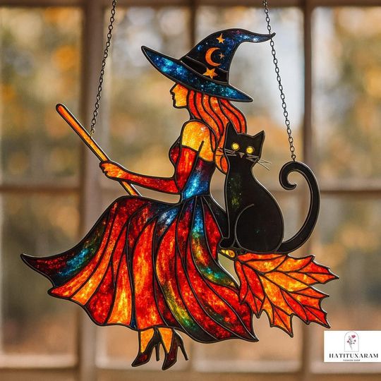 Discover Halloween Witch Acrylic Suncatcher, Black Cat Window Hanging Ornament, Stained Glass Style, Autumn Home Decor, Seasonal Gift
