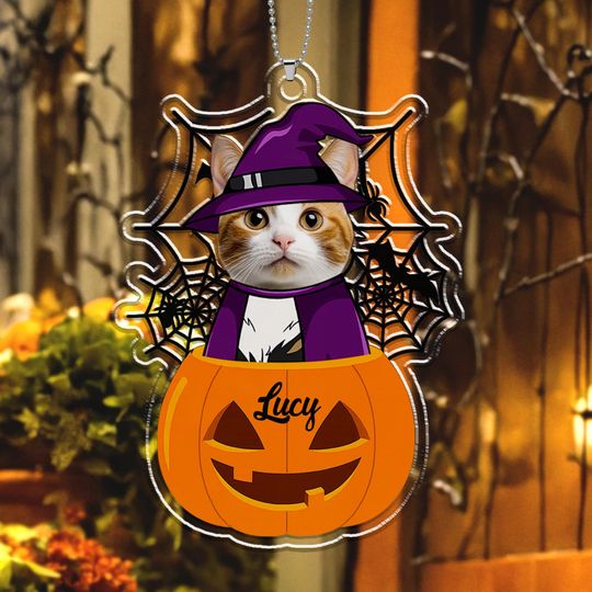 Discover Scary Witch Pet Halloween Ornament, Personalized Photo Acrylic Ornament, Custom Cat Dog Hanging Decor, Halloween Gift for Pet Lovers