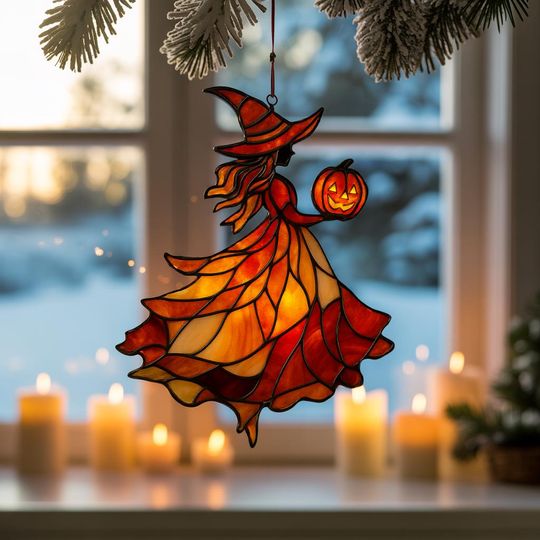 Discover Halloween Witch Acrylic Suncatcher, Witch Faux, Pumpkin Witch Window Decor, Spooky Fall Ornament, Seasonal Home Decor