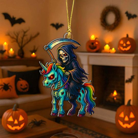 Discover Halloween Unicorn Grim Reaper Acrylic Ornament, Creepy Cute Rainbow Skeleton Gift, Spooky Window Decor for Kids or Friends