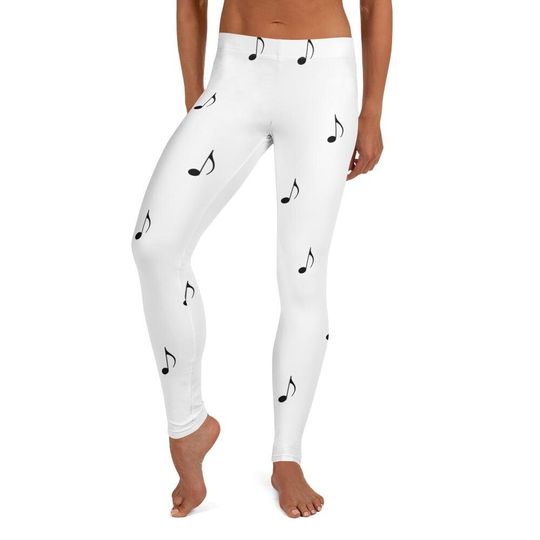 Discover Musical Notes Leggings, Women's Casual Wear Cozy Cute 8th Note Chord White Black Printed Stretchy Tight Pants | Music Themed Apparel for Her