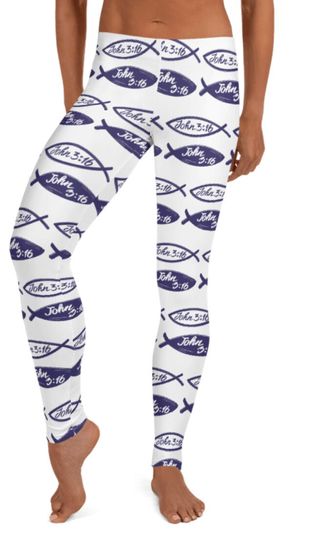Discover John 3:16 Bible Verse Leggings ~ Women's Blue White Spiritual Fish Print Biblical Christian Faith Belief Prayer Eternal Life Stretchy Tights