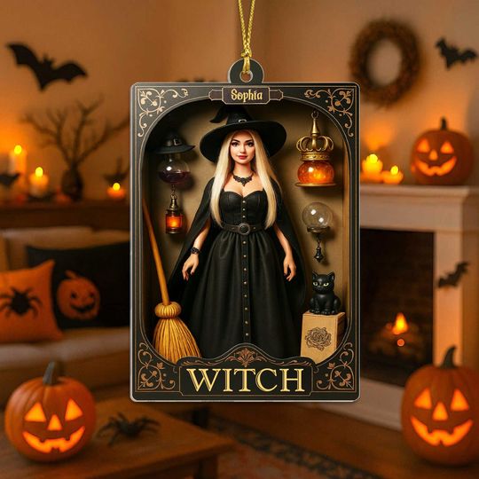 Discover Personalized 2D Flat Halloween Witch Figure Box Acrylic Ornament, Custom Name Witch Doll Decoration, Spooky Black Cat Broom Hanging Ornament