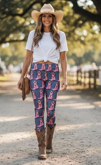 Discover Pink Cowgirl Boots Leggings ~ Women's Country Western Farm Girl Printed Graphics Stretchy Tights Pants | Cute Outdoorsy Athleisure Legwear