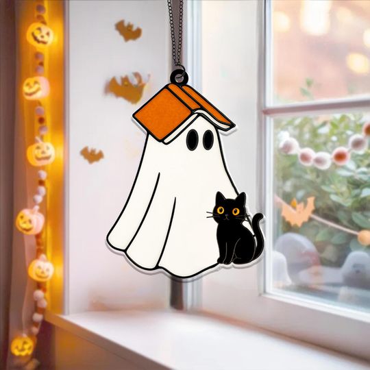 Discover Cute Ghost And Black Cat Acrylic Ornament Halloween Suncatcher, Black Cat and Book Lover Gift, Halloween Window Hanging Decor,Halloween Gift