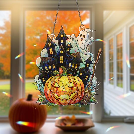 Discover Hologram Halloween Ornament: Haunted House, Ghost, Pumpkin Acrylic Window Hanging