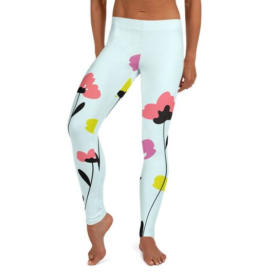 Discover Lithe Leggings, Blue ~ Women's Casual Wear Cute Pastel Floral Flower Stretch Tight Pants for Her | Mod Boho Contemporary Lagenlook Style Her