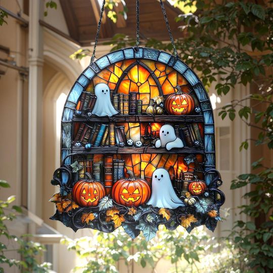 Discover Halloween Ghost Library Acrylic Faux Stained Acrylic Suncatcher Pumpkin Book Window Hanging Spooky Gothic Decor Gift