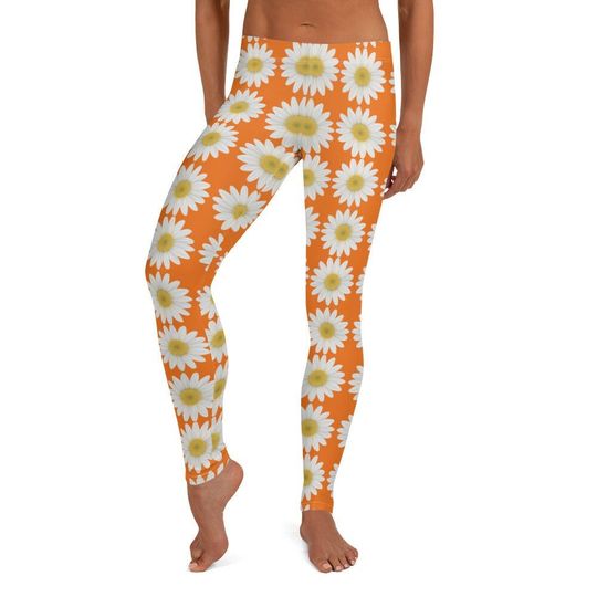 Discover Lady Daisy Leggings, Orange Yellow ~~ Women's Casual Wear Cute Floral Flower Printed Stretchy Tight Pants | Mod Boho Lagenlook Style for Her