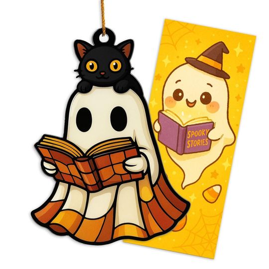 Discover Halloween Ghost Ornament for Book Lovers, Spooky Acrylic Ghost Reading Decoration, Cute Fall Ornament for Shelf or Basket Gift