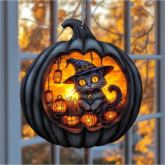 Halloween Lantern Black Witch Cat Acrylic Suncatcher  Faux Stained Glass Pumpkin Window Hanging Ornament, Gift For Her