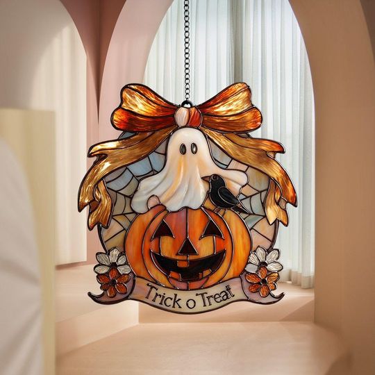 Discover Trick or Treat Ghost Suncatcher  Acrylic Halloween Window Hanging with Pumpkin, Ribbon & Flowers, Cute Spooky Fall Home Decor Piece