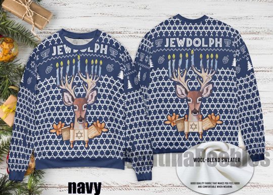 Jewdolph Hanukkah Ugly Sweater, Funny Jewish Christmas Sweater, Chrismukkah Holiday Reindeer Sweater, Ugly Christmas Sweater