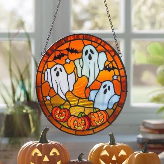 Discover Ghost Bats and Pumpkins Acrylic Suncatcher, Ghost Acrylic Window Hanging Decor, Spooky Season Suncatcher, Ghost Halloween Acrylic Ornament