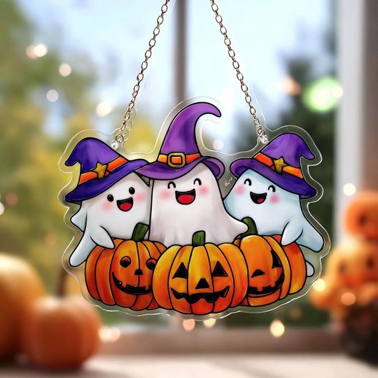 Discover Halloween Ghost Trio Acrylic Suncatcher, Cute Spooky Ghost with Hat for Fall Home or Seasonal Gift, Halloween Window Hanging with Pumpkins