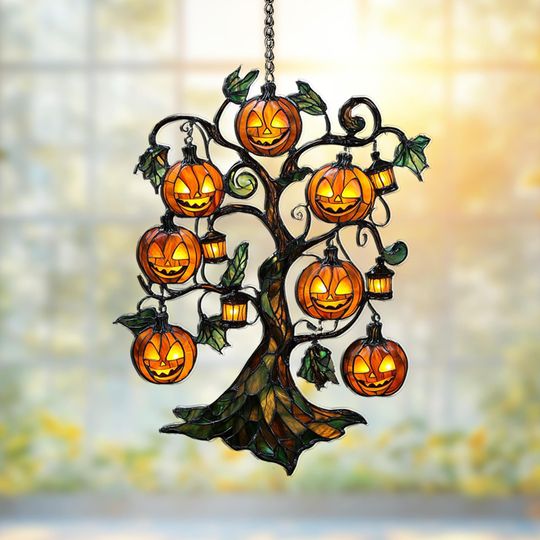 Acrylic Suncatcher Pumpkin Tree Window Hanging Decoration, Halloween Jack O Lantern Wall Art, Spooky Fall Home Decor Gift Ornament