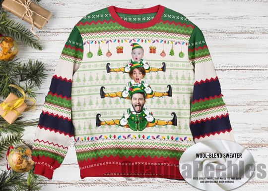 Discover Elf Christmas Funny Face Sweater, Personalized Photo Ugly Sweater, Funny Christmas Sweatshirt, Family Chistmas Gift, Ugly Christmas Pattern