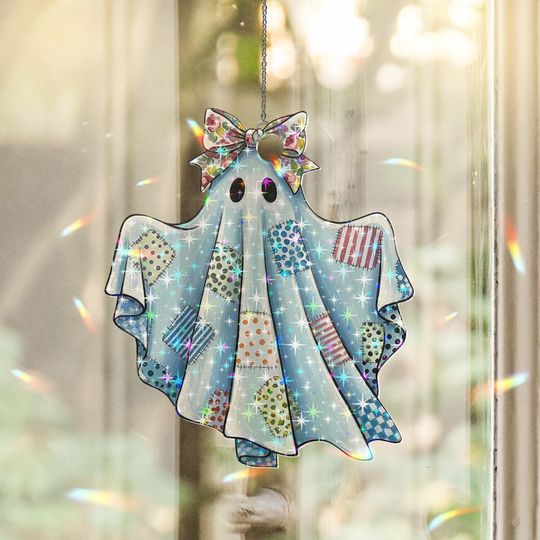 Discover Patchwork Ghost Acrylic Star Hologram Ornament | Retro Halloween Window Hanging Suncatcher Decor