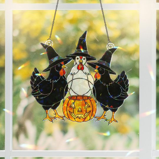 Discover Hologram Acrylic Halloween Chicken Ornament: Witch & Pumpkin Window Hanging