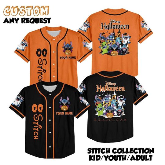 Discover Personalized Stitch Halloween Baseball Jersey, Custom Lilo and Stitch Jersey, Disney Costume Shirt, Birthday Gift, Disney Halloween Shirt