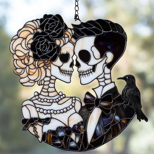 Skeleton Couple Stained Acrylic Suncatcher, Gothic Wedding Window Hanging, Halloween Gift Idea
