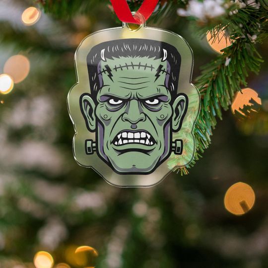 Frankenstein Halloween Acrylic Ornament, Monster Head Spooky Decor, Creepy Unique Halloween Gift, Halloween Tree Ornament, Gift Tag