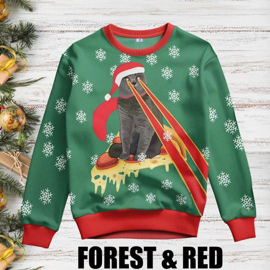 Discover Pizza Cat With Laser Eyes Christmas Ugly Sweater, Pizza Cat With Laser Eyes All Over Print Sweater, Xmas Sweater, Christmas Ugly Sweater