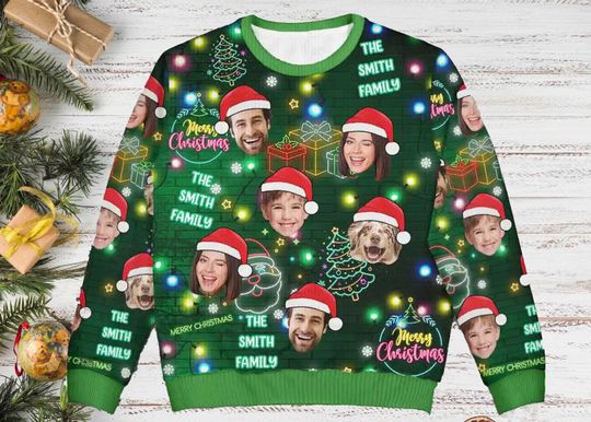 Discover Custom Photo Funny Family Face Neon Light Style Ugly Sweater, Custom Christmas Gift For Men Women Kid, Neon Light Christmas Ugly Sweater