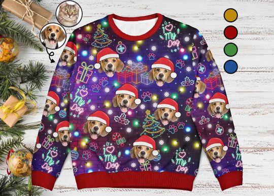 Custom Photo I Love My Dog Cat Pet Neon Christmas Light Style  Ugly Sweater, Custom Christmas Gift For Men Women Kid, Christmas Ugly Sweater