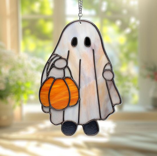 Discover Ghost Acrylic Suncatcher Window hanging, Cute Ghost Holding Pumpkin Acrylic Window Hanging, Halloween Window Art Decor, Personalized Gift