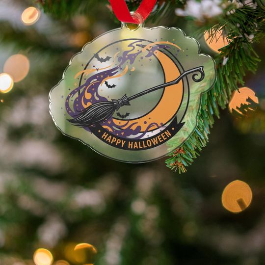 Halloween Acrylic Ornament, Witch Broom, Crescent Moon, Bats, Spooky Decor, Happy Halloween, Festive Gift, Unique Halloween, Holiday
